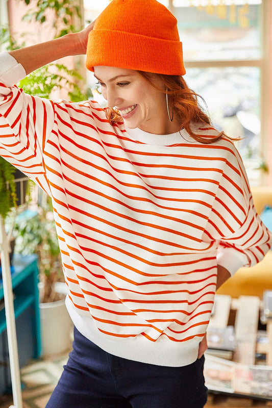 Olalook Women's White Orange Striped Basic Soft Textured Casual Sweatshirt Women