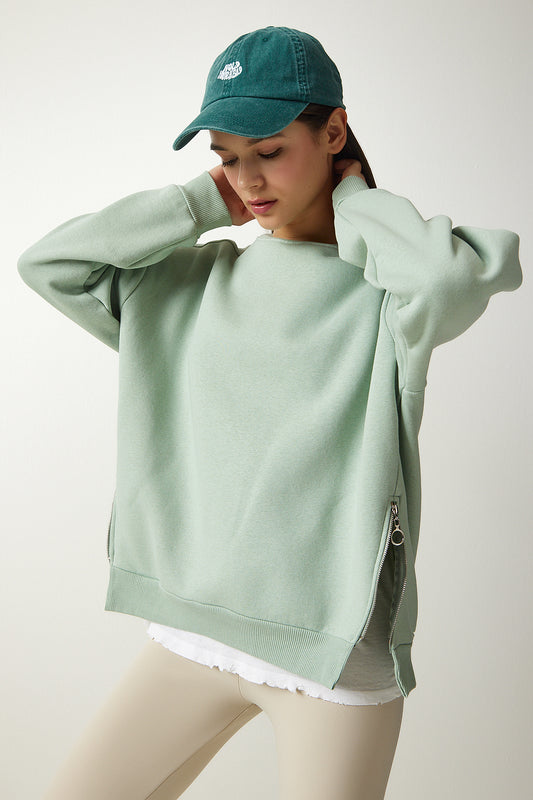 Happiness İstanbul Women's Aqua Green Zipper Detailed Raised Knitted Sweatshirt Women