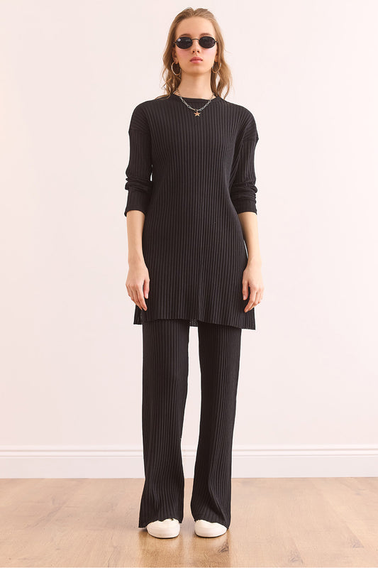 Olalook Women's Black Top Slit Blouse Bottom Palazzo Corded Suit Women