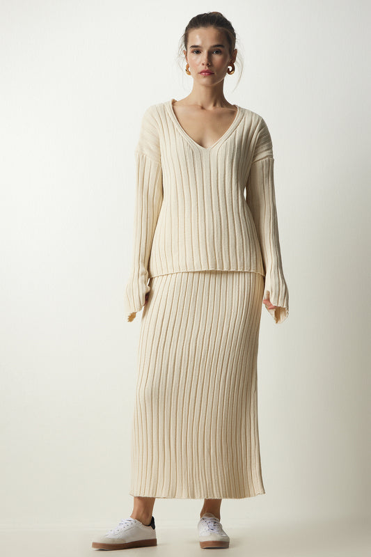 Happiness İstanbul Women's Cream Ribbed Sweater Skirt Knitwear Set Women