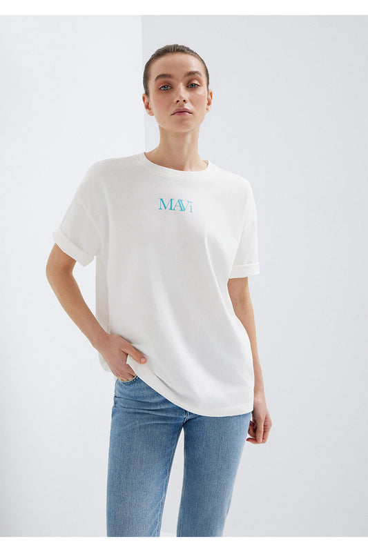 Mavi Logo Printed Ecru T-Shirt Oversize - Wide Cut White Women