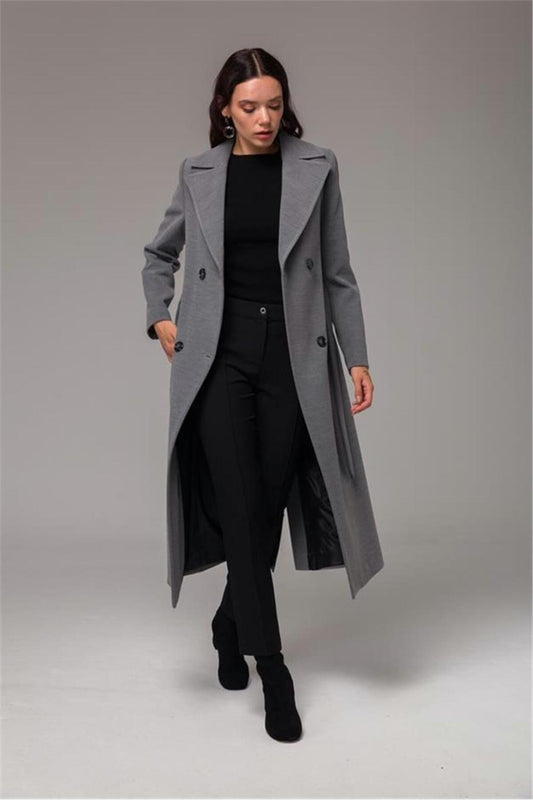 Olcay Gray Women's Double Breasted Waist Tied Medium Length Coat Women