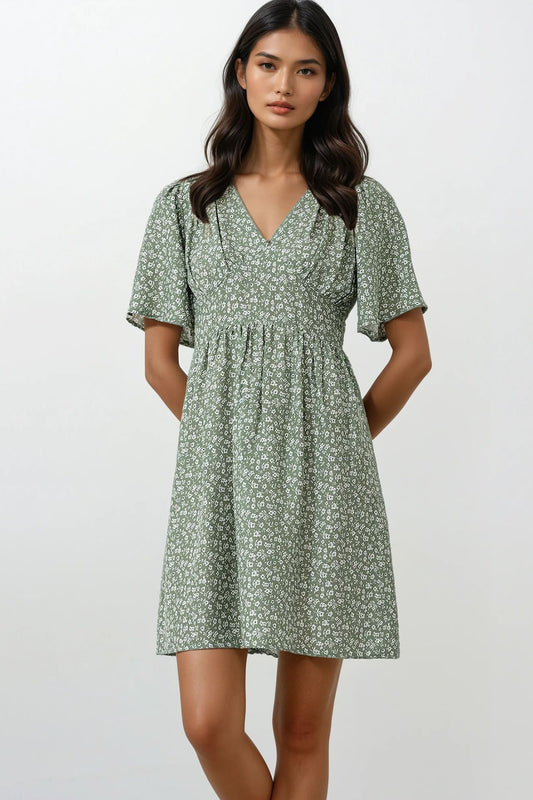 Trend Alaçatı Stili Women's Khaki V-Neck Short Sleeve Floral Patterned Skirt Flounced Woven Dress Alc Women