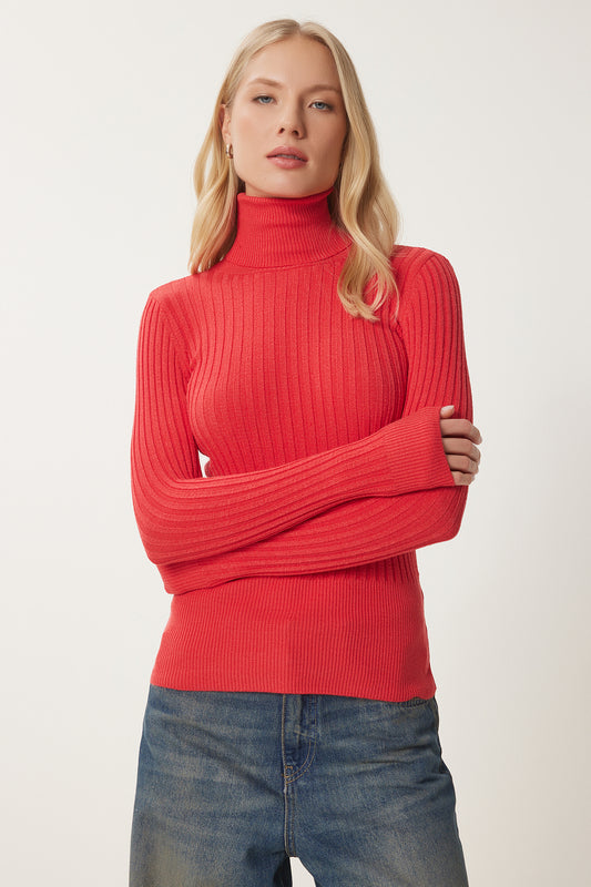 Happiness İstanbul Women's Dark Orange Turtleneck Ribbed Basic Sweater Women
