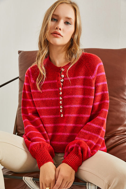 Bianco Lucci Women's Buttoned Collar Turtleneck Striped Knitwear Sweater Red-fuchsia Women