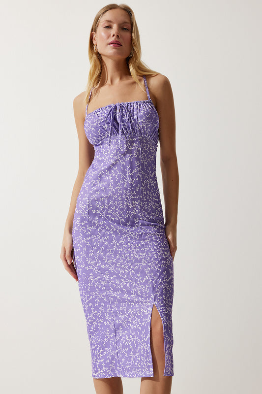 Happiness İstanbul Women's Vibrant Lilac White Floral Slit Summer Knitted Dress Women