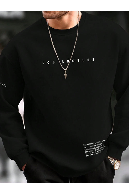 MOONBULL Men's Los Angeles Right Sleeve-Left Waist Printed Oversize Sweatshirt Black Men