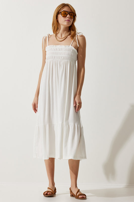 Happiness İstanbul Women's White Strappy Crinkle Summer Knitted Dress Women