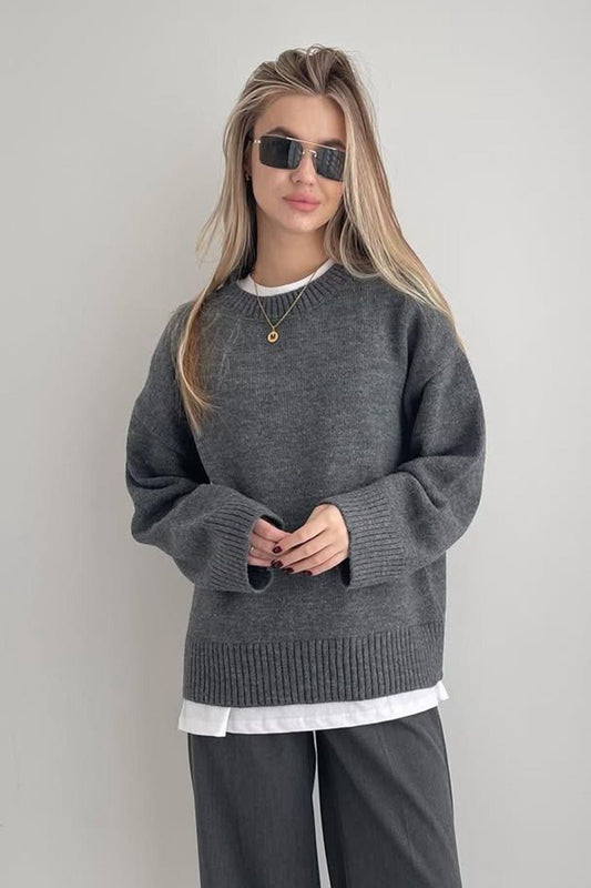 Madmext Anthracite Crew Neck Oversize Knitwear Sweater Women
