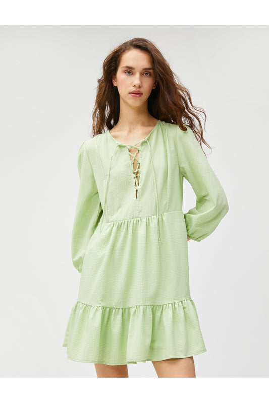 Koton Viscose Blended Long Sleeve Dress - Lacing and Flywheel Detail Green Women