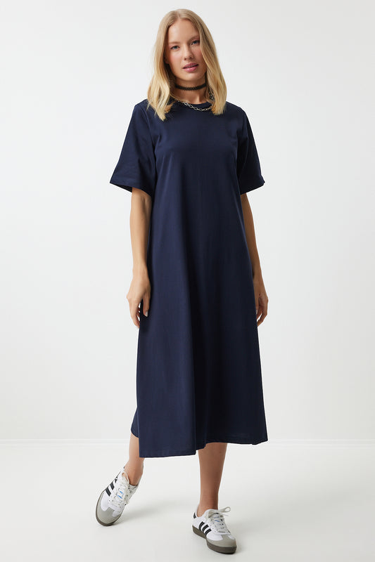 Happiness İstanbul Navy Blue Loose Comfortable Combed Cotton Women's Dress - Crew Neck Women
