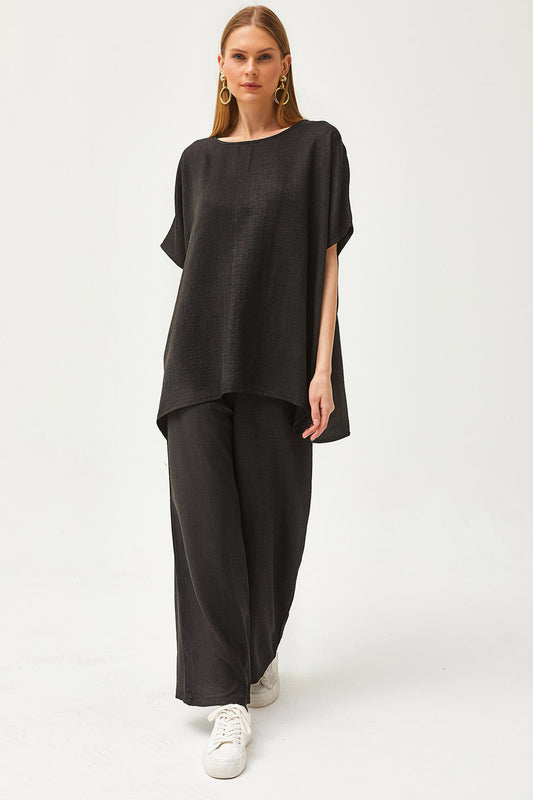 Olalook Women's Black Top Loose Blouse with Bottom Pocket Palazzo Linen Content Suit Women