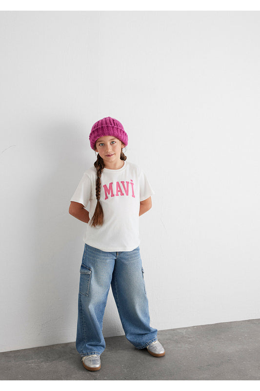 Mavi Logo Printed Ecru T-Shirt Regular Fit - Regular Cut White Women