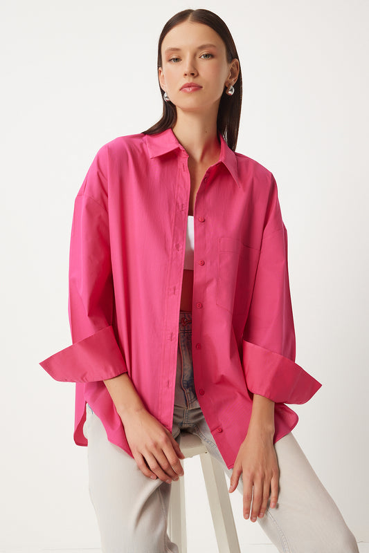 Happiness İstanbul Pink Poplin Women's Shirt - Pockets, Model Women