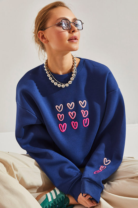 Bianco Lucci Women's Three Thread Raised Heart Printed Sweatshirt Navy Blue Women