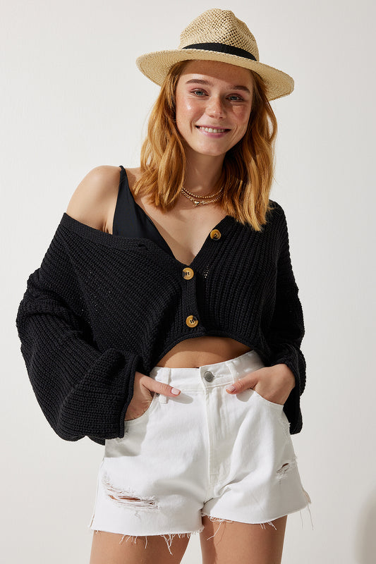 Happiness İstanbul Women's Black V-Neck Seasonal Crop Knitwear Cardigan Women