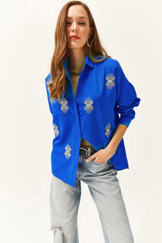 Olalook Women's Saks Blue Sequin Detailed Woven Boyfriend Shirt Women