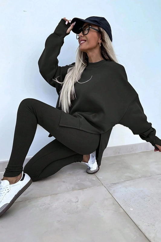 Know Women's Black Slit Detail Crew Neck Bottom Top Tights Tracksuit Set Women