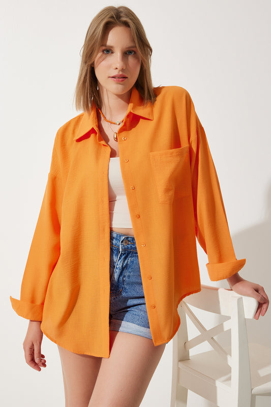 Happiness İstanbul Women's Orange Oversize Linen Ayrobin Shirt Women