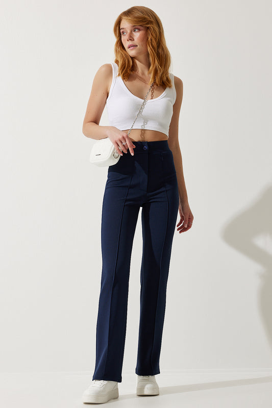 Happiness İstanbul Women's Navy Blue High Waist Lycra Comfortable Knitted Trousers Women