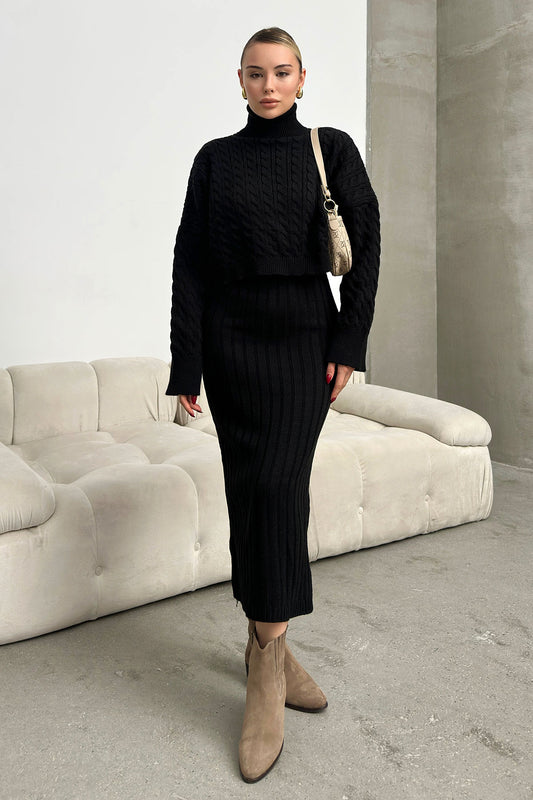 bacc Black Knitted Motif Crop Sweater and Knitwear Dress Set - High-Rise Women