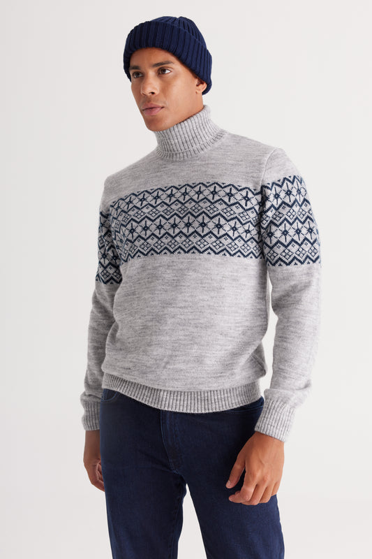 AC&Co - Altınyıldız Classics Gray Melange-Navy Blue Standard Fit Regular Cut Turtleneck Zigzag Patterned Knitwear Sweater Men