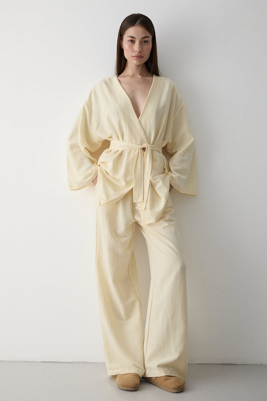 Laluvia Yellow Cotton Kimono Wide Leg Pants Set Women