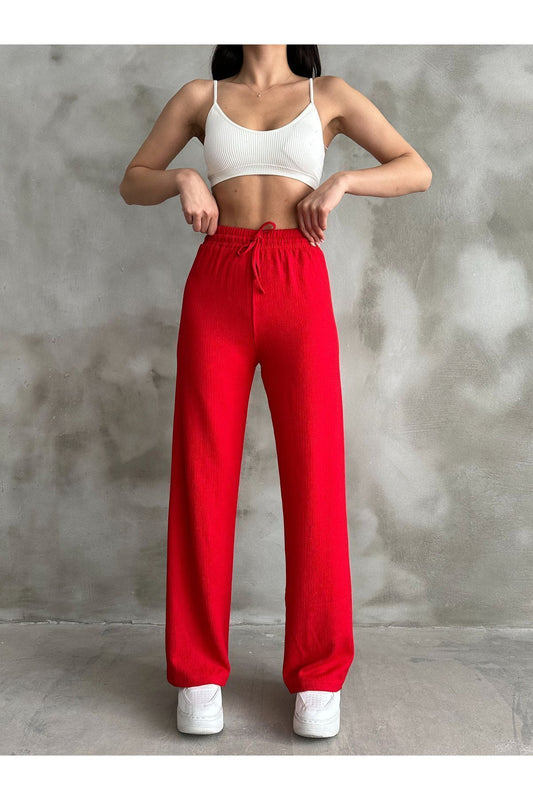 BEJNA Women's Red Elastic Waist Palazzo Pants Women