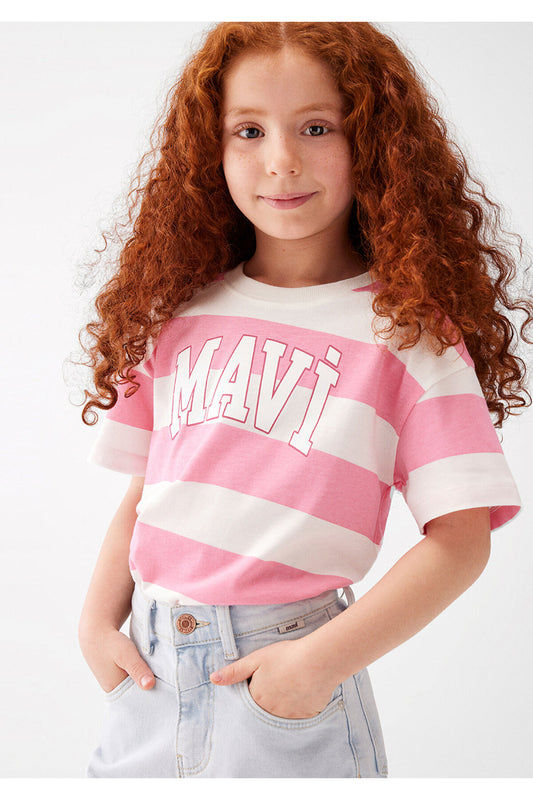 Mavi Logo Printed Pink Striped T-Shirt Loose Fit - Loose Relaxed Women