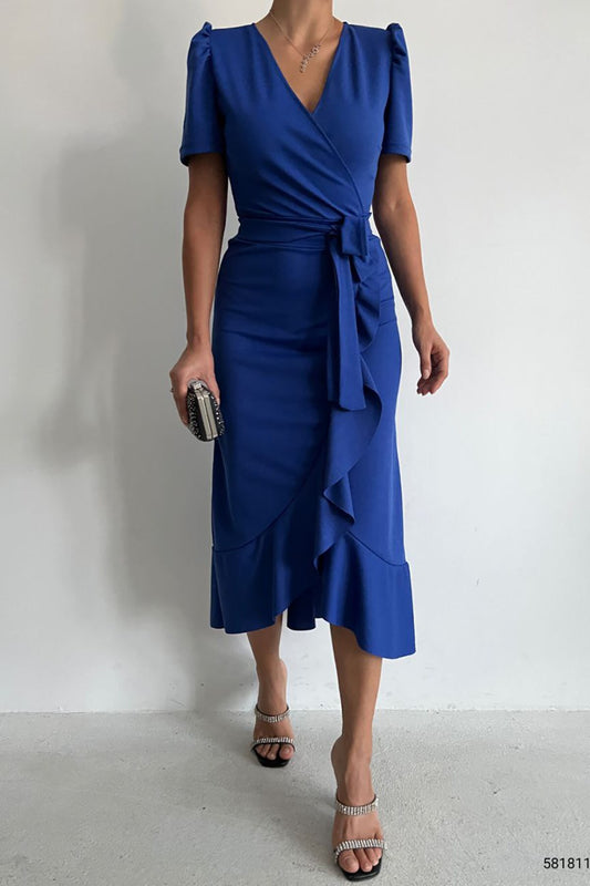 Deafox Saks Blue Crepe Fabric Short Sleeve Belted Midi Dress Navy Blue Women