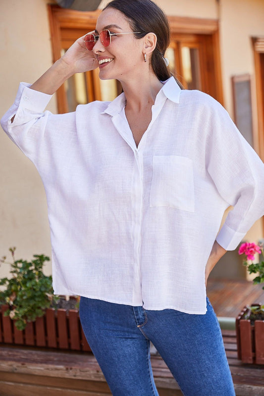 armonika Women's White Loose Linen Shirt with Pockets Women