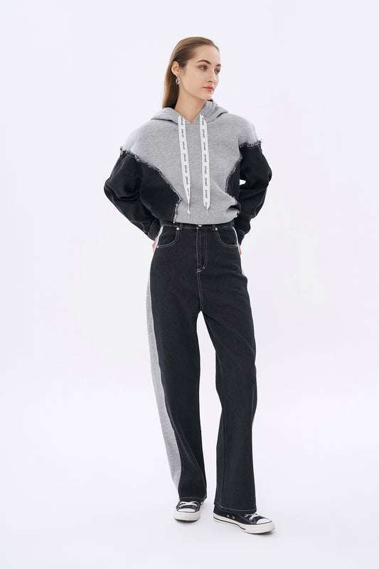 Quzu High Waist Match Detailed Black Denim Trousers Women