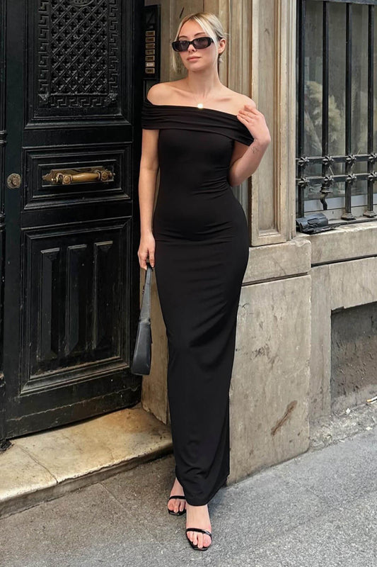Swist Black Off-the-Shoulder Madonna Collar Women's Midi Dress Women