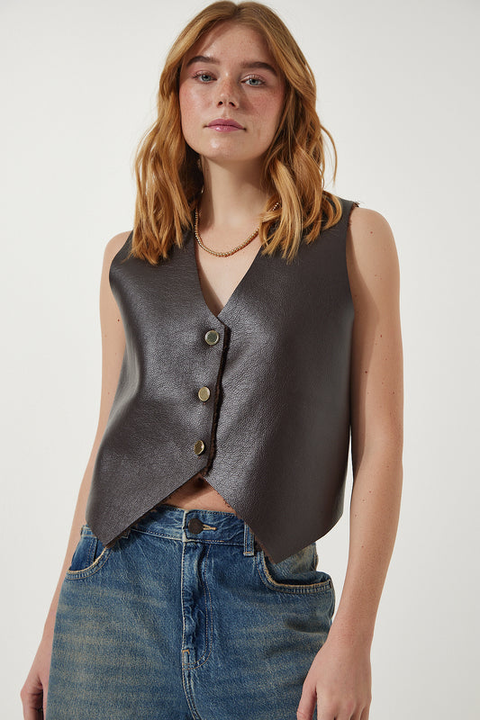 Happiness İstanbul Women's Brown Fleece Faux Leather Vest Women