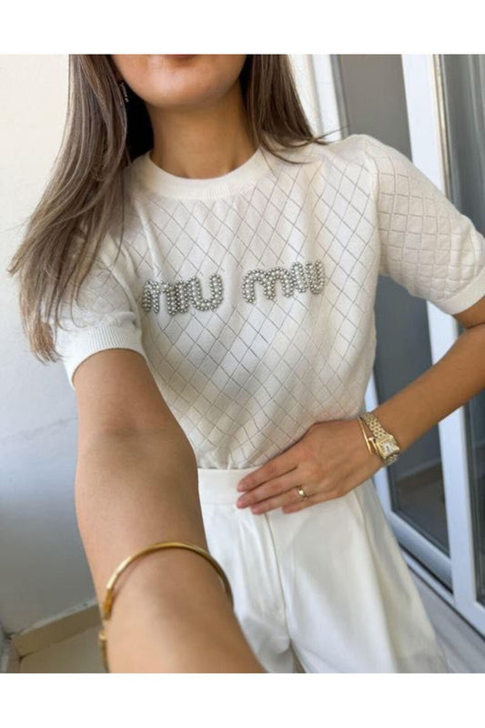 Abalı New Season Knitwear Stone Detailed Blouse White Women