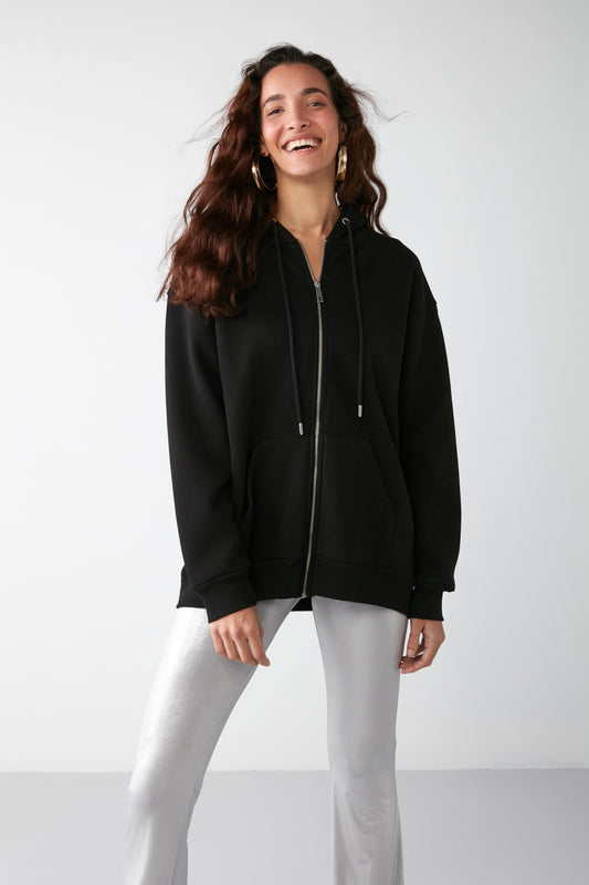 GRIMELANGE Alena Women's Basic Kangaroo Pocket Oversize Organic Cotton Zippered Hooded Black Sweatshirt Women