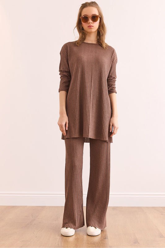 Olalook Women's Mink Top Slit Blouse Bottom Palazzo Corded Suit Women