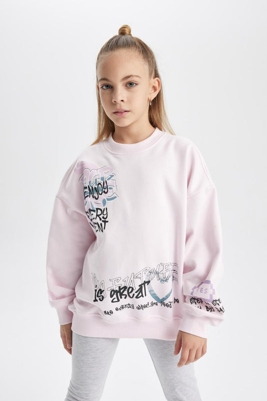 DeFacto Girls Oversize Wide Fit Crew Neck Printed Thick Sweatshirt Pink Women