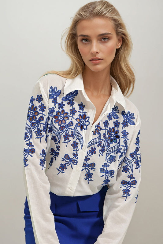 Trend Alaçatı Stili Woman's White Front and Arms Embroidered Woven Shirt ALC Women