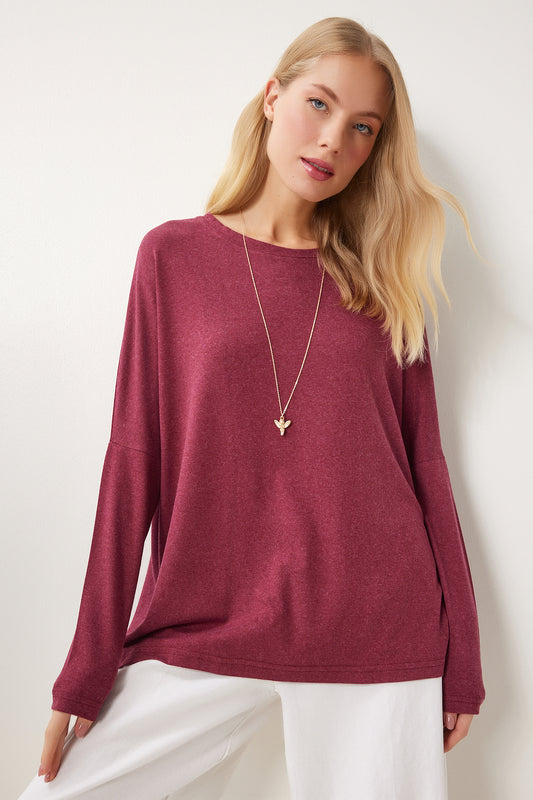Happiness İstanbul Women's Burgundy Crew Neck Bat Sleeve Knitted Blouse Women