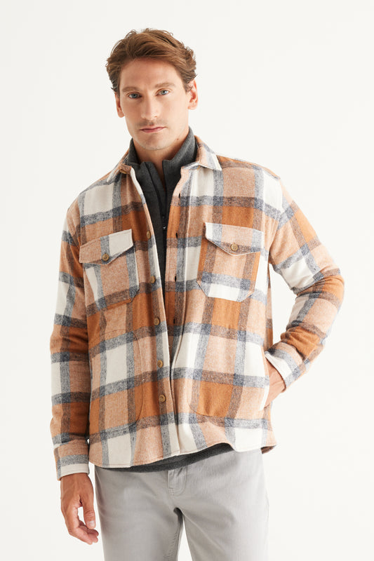AC&Co - Altınyıldız Classics Men's Mink-ecru Oversize Loose Cut Button Collar Winter Shirt Jacket Men
