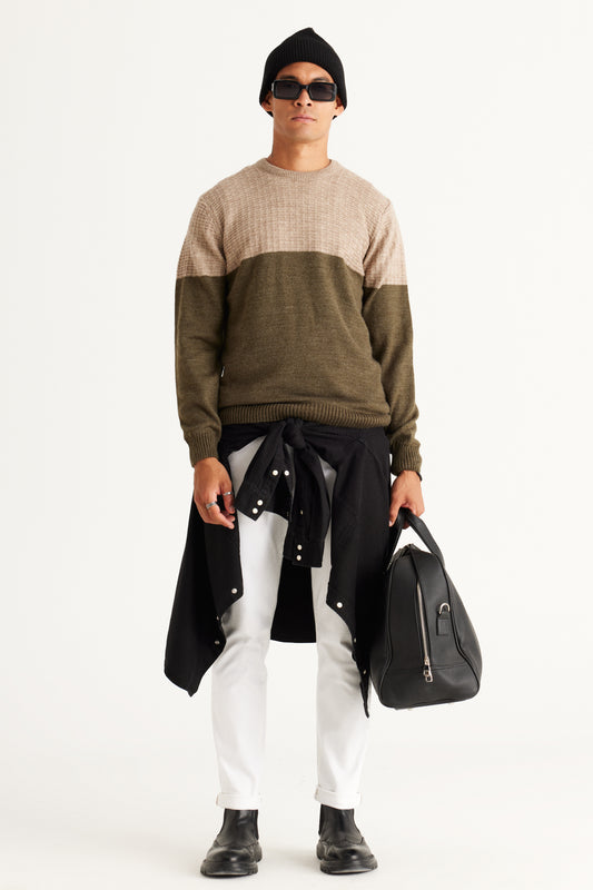 AC&Co - Altınyıldız Classics Beige-Khaki Standard Fit Regular Cut Crew Neck Colorblock Patterned Knitwear Sweater Beige Khaki Men
