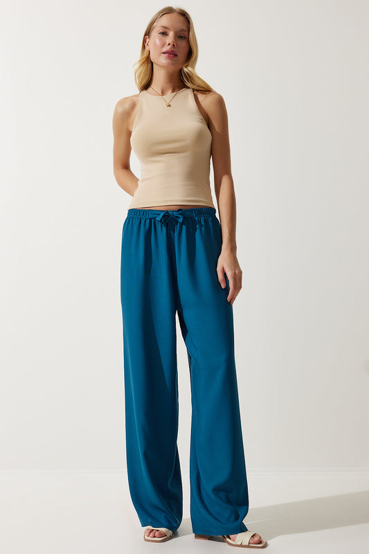 Happiness İstanbul Women's Turquoise Summer Viscose Palazzo Trousers Petroleum Green Women