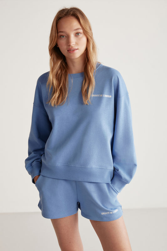 GRIMELANGE Jennıfer Women's Organic Cotton Embroidered Round Neck Oversize Blue Sweatshirt Women