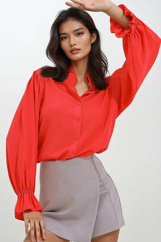 Trend Alaçatı Stili Women's Fuchsia Sleeve Flounce Viscose Woven Shirt ALC Women