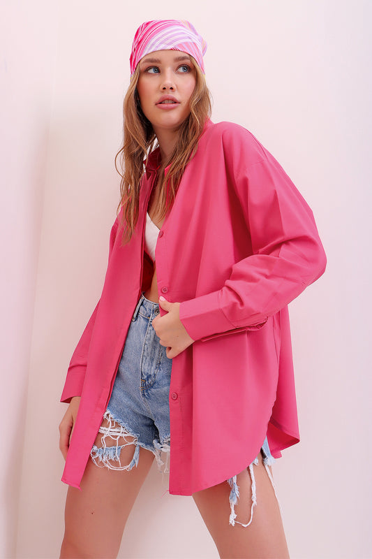Trend Alaçatı Stili Women's Fuchsia Oversize Long Woven Shirt ALC Women