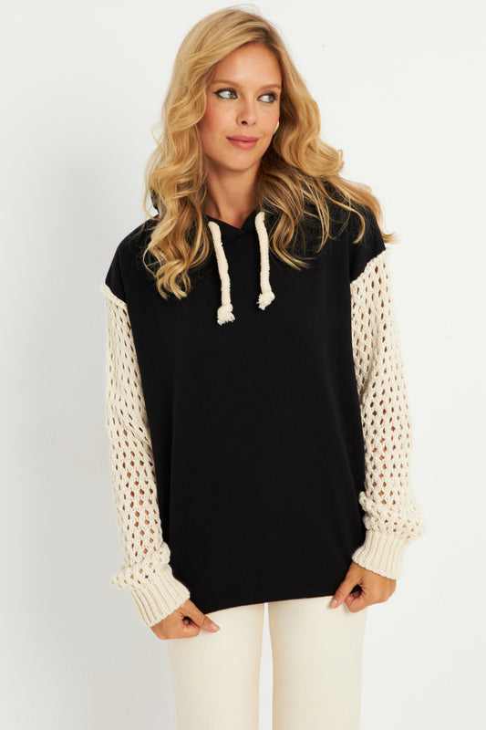 Cool & Sexy Black-Ecru Women's Sweatshirt - Openwork Sleeves and Hooded Yle12 Women