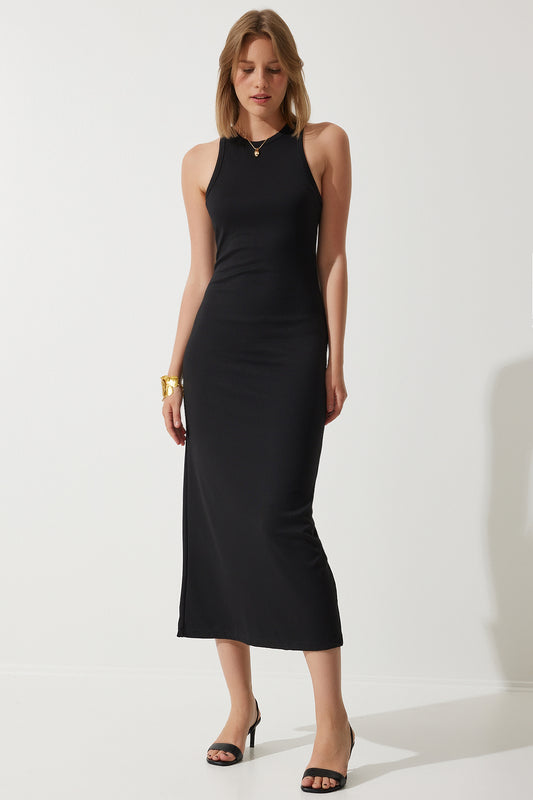 Happiness İstanbul Women's Black Halter Neck Summer Steel Knitted Long Dress Women