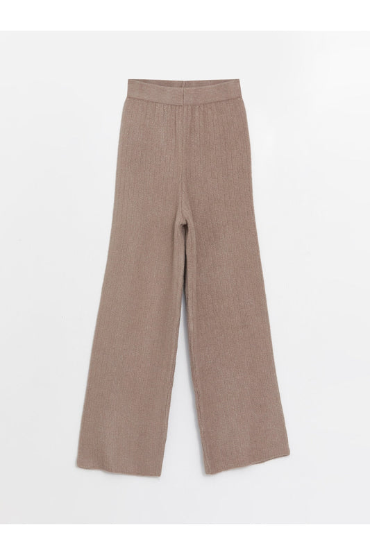 LC Waikiki Women's Knitwear Trousers with Wide Leg and Elastic Waist Light Stone Color Women