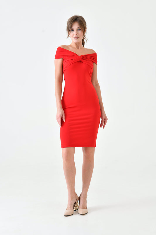 bayansepeti Flexible Diving Fabric V-Neck Short Sleeve Midi Length Red Dress Women
